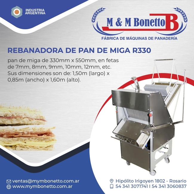 Rebanadora de pan de miga R330 - M&M Bonetto - Rebanadoras de pan de miga Y  PAN LACTAL - Productos - Máquinas para Panadería, Maquinarías para  Panadería, Fábrica de Maquinarías para Panadería